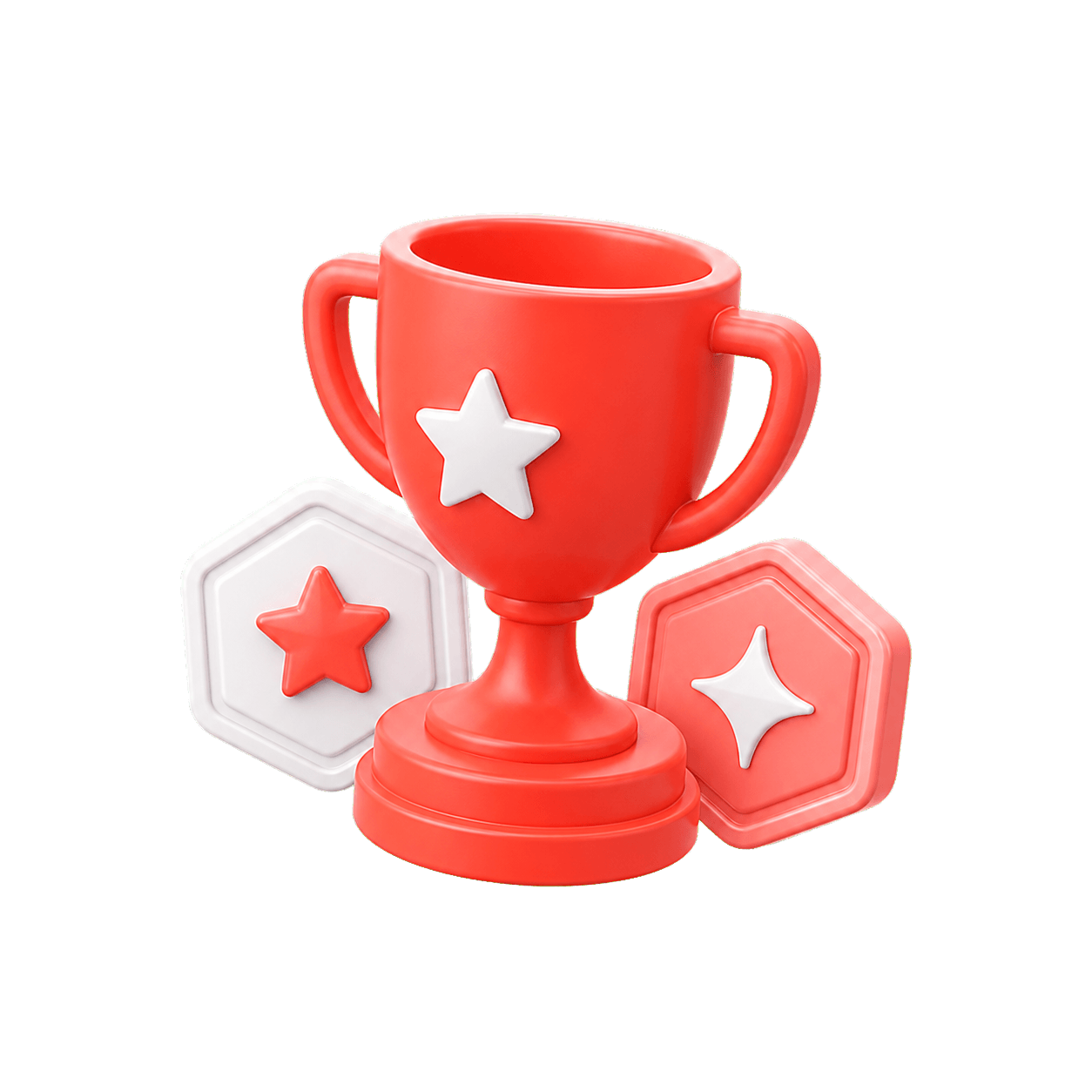 A coral 3D trophy with two reward badges.